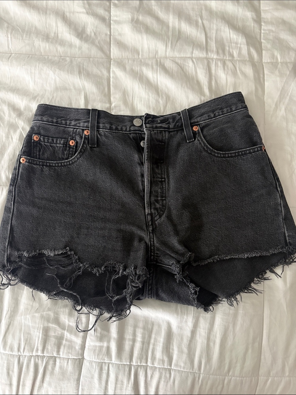 Levi 501 Black Distressed High-Rise Denim Shorts